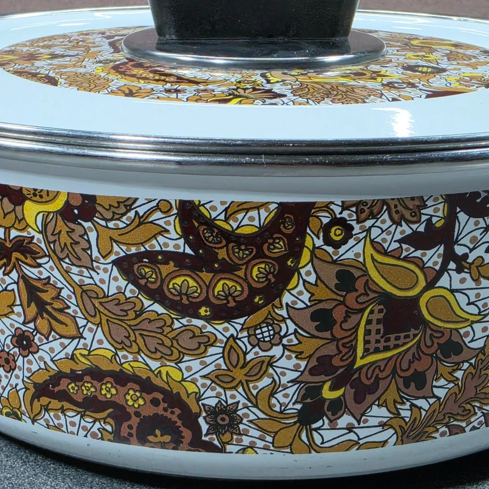 Vintage Fancipans‎ Enamelware Stockpot Set 2pc Brown Gold Paisley Floral 70s